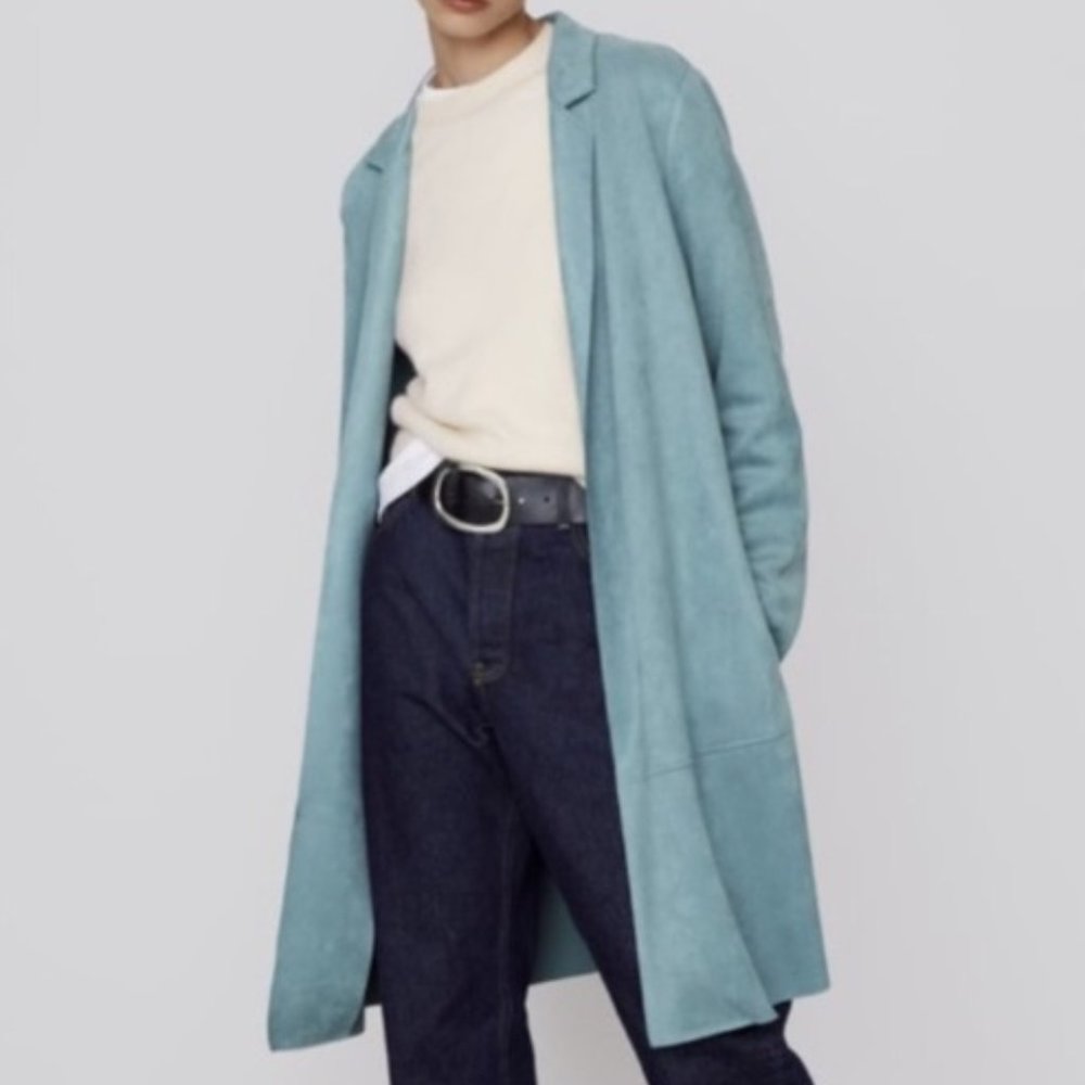 [SOLD] Zara Open Front Duster Jacket Faux Suede Blazer Trench Coat Pastel Blue